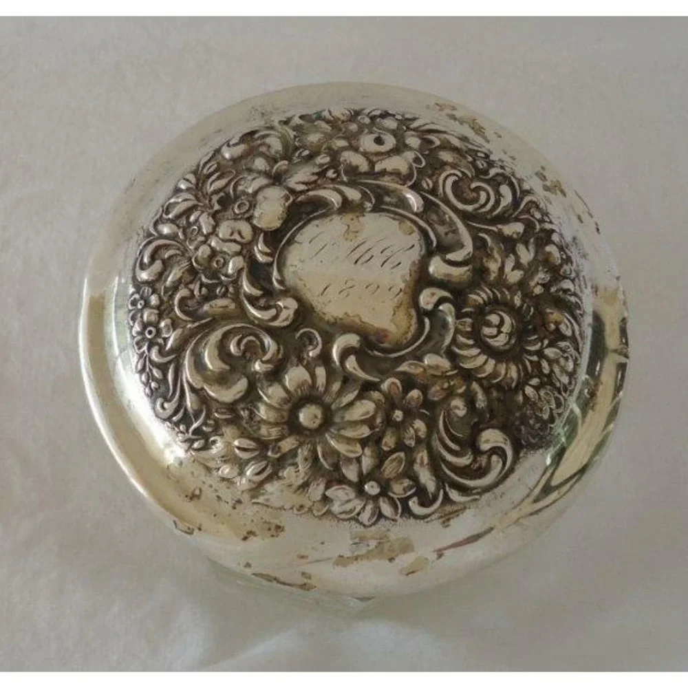 Antique Cut Glass Powder Jar Sterling Silver Lid Monogram FMC 1899 Clear Paneled